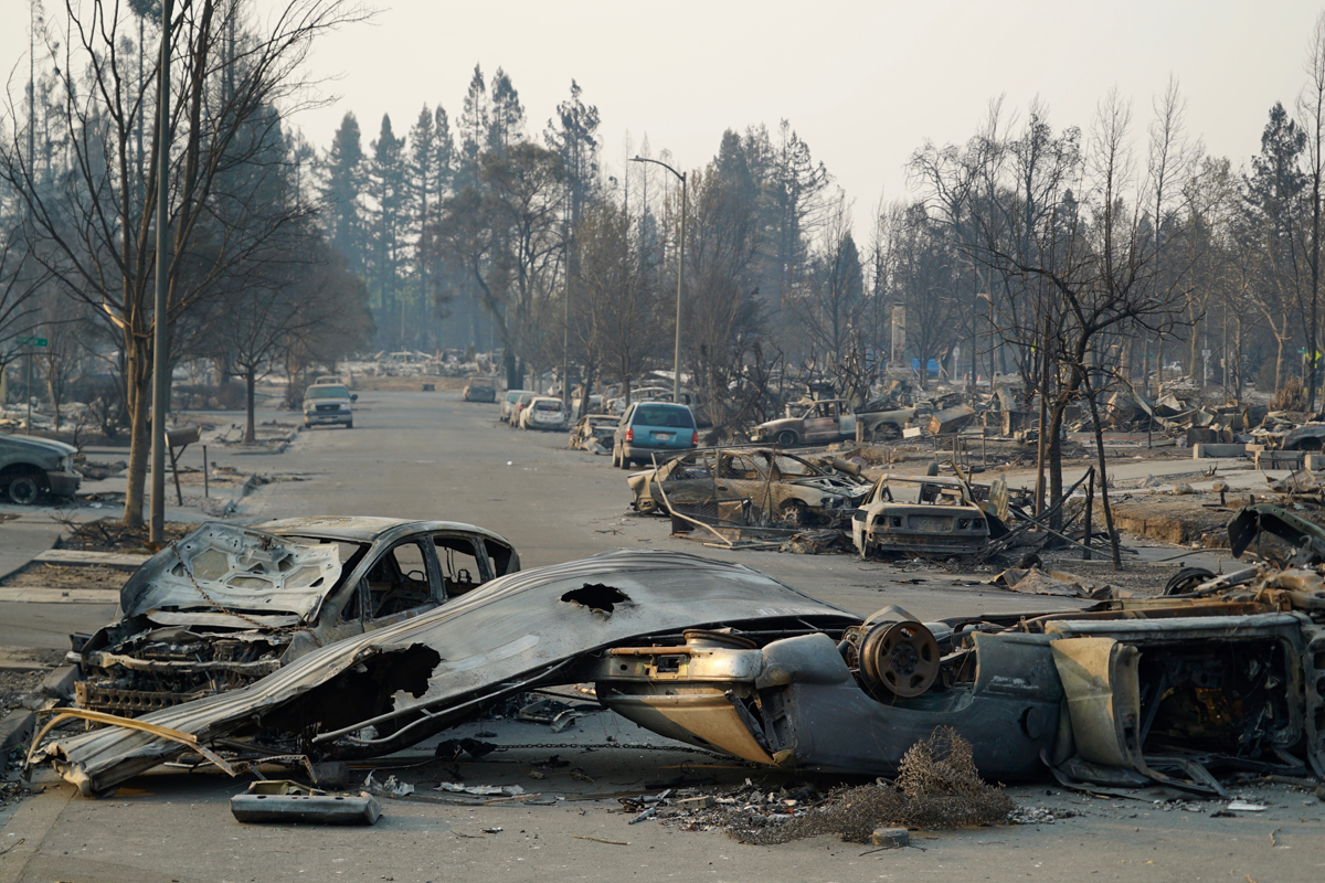 The Coffey Park subdivision of Santa Rosa was one of the hardest hit neighborhoods with at least 1300 homes destroyed and several deaths (unknown how many as authorities still searching ruins). The fire, which started off of Mark West Springs Road swept through the Larkfield Wikiup neighborhoods and then jumped Highway 101 into Coffey Park. (Photo credit: Anne Belden)