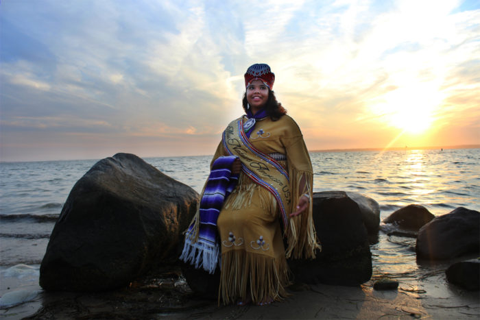 Autumn Rose Williams, the first ever Shinnecock to be named Miss Native American USA, posing for photos on native Shinnecock land. (Photo by Alexandra Talty)