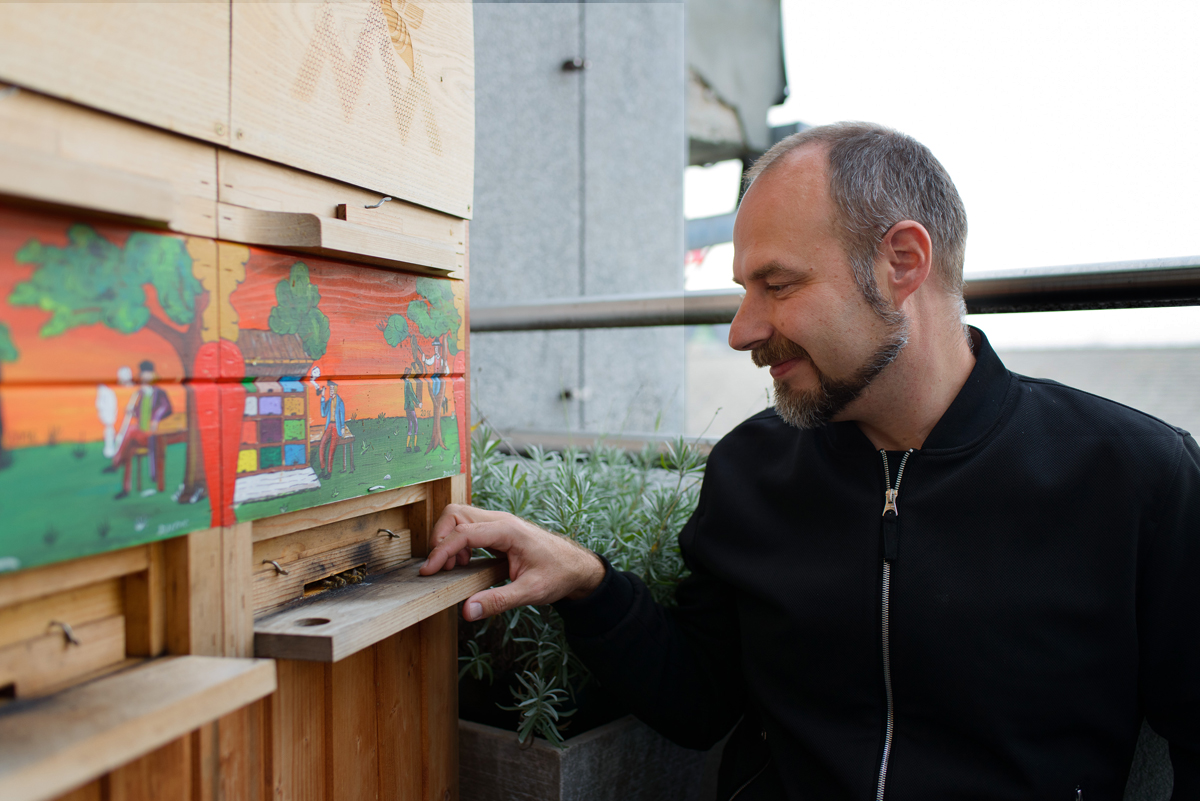 Gorazd Trušnovec, a professional beekeeper in Ljubljana, tends to the beehives on the balcony of the offices of the prime minister of Slovenia