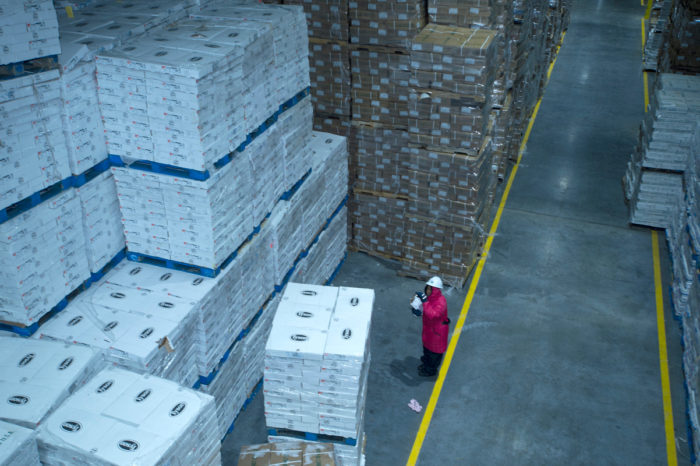 A USDA Food Safety Inspection Service inspector examines a shipment imported frozen meat at the Port of New Orleans. (USDA photo by Anson Eaglin.)