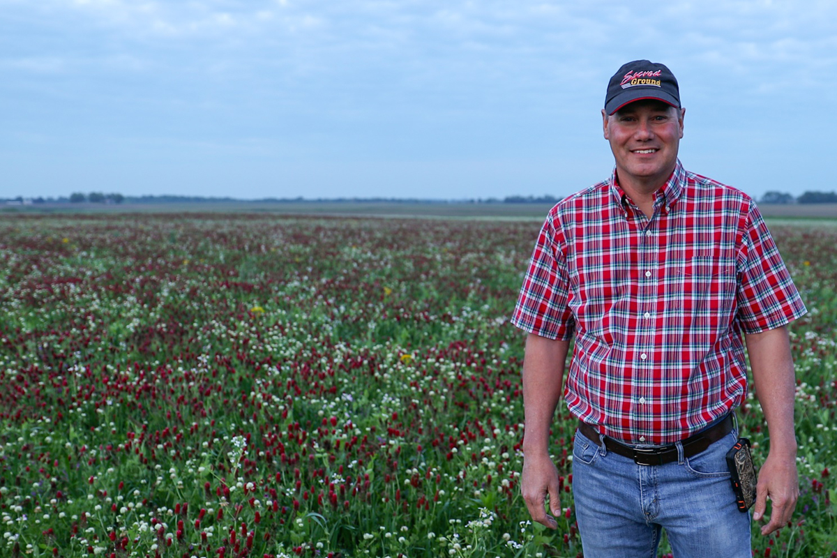 Rick Clark standing in his field of crimson and balansa clover cover crops.