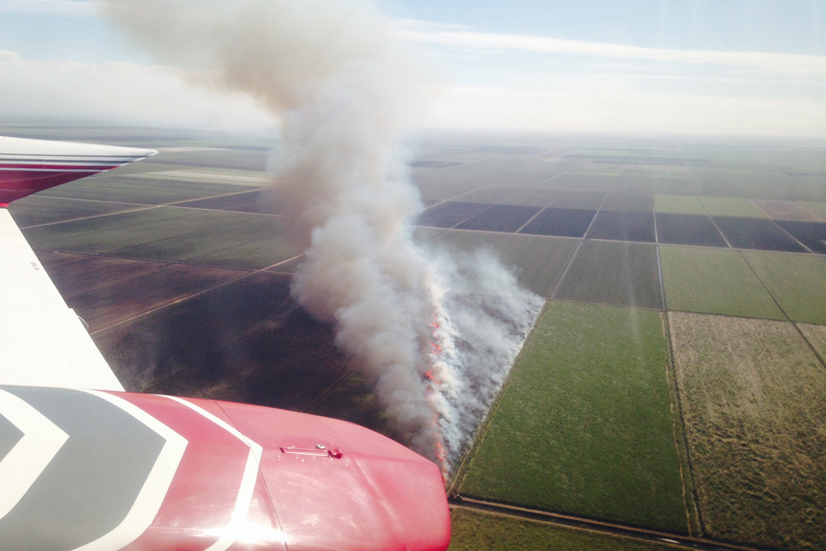 aerial view of a sugarcane harvest in florida with burning fields