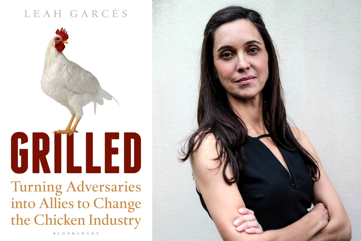 photo of leah garcés of mercy for animals and the cover of grilled her new book on animal welfare and factory farms