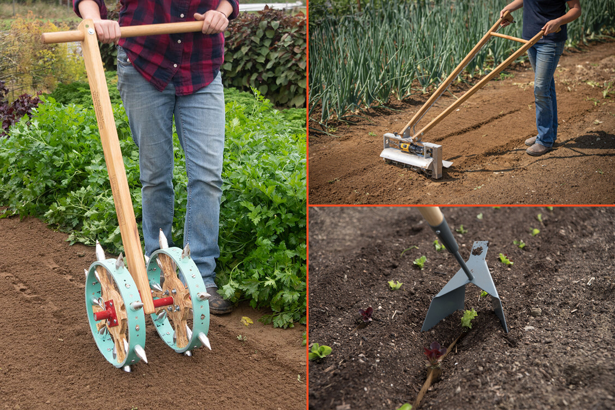 Clockwise from left: Some tools for open-source farming, including a double-rolling dibbler, a tilther, and a zipper. (Photos courtesy of Johnny's Selected Seeds)