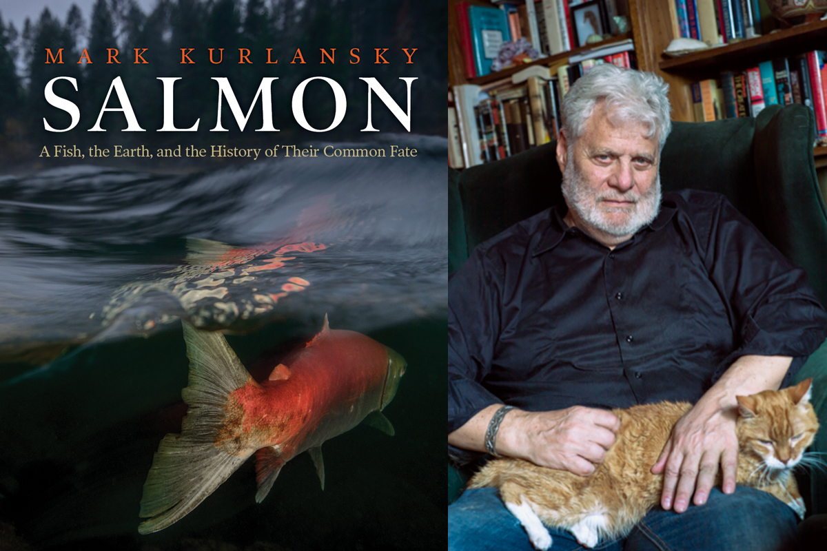 book cover of mark kurlansky's salmon, plus author photo by Sylvia Plachy