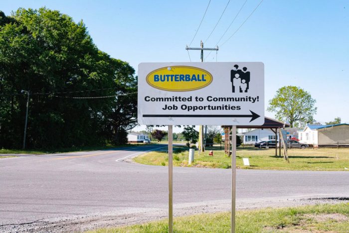 A sign pointing to the Butterball plant in Mount Olive, North Carolina. Photo by Victoria Bouloubasis