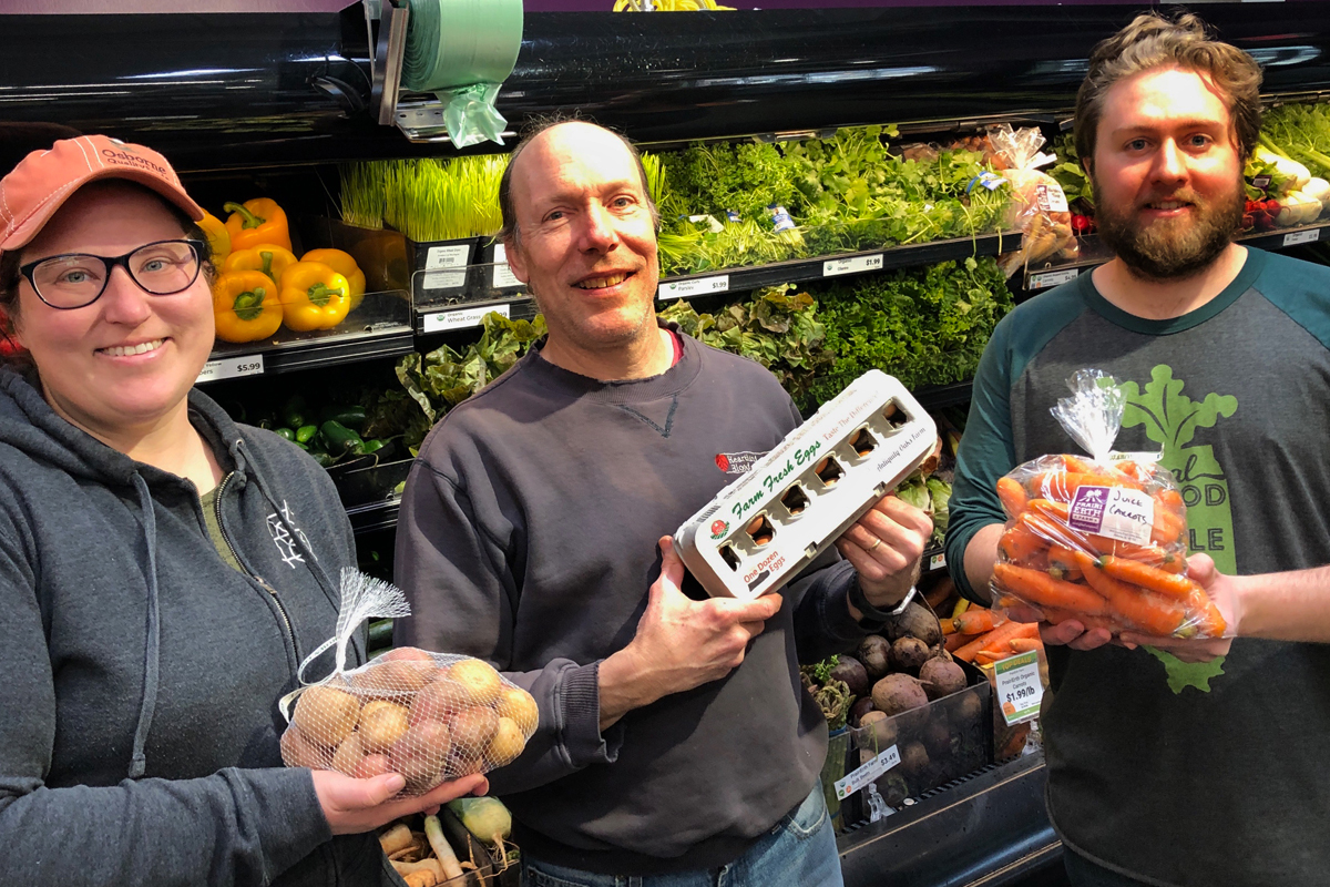 From left: Katie Bishop of PrairiErth Farm, Michael Boehle of Antiquity Oaks Farm, Nicholas Walter of Green Top Grocery. (Photo courtesy of PrairiErth and Green Top Grocery)