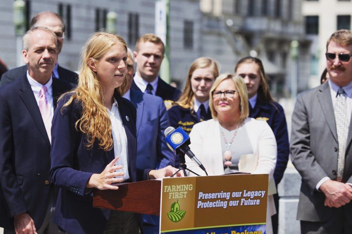 Philadelphia farmer Kim Cook speaking at a press conference about the state's Beginning Farmer Tax Credit bill