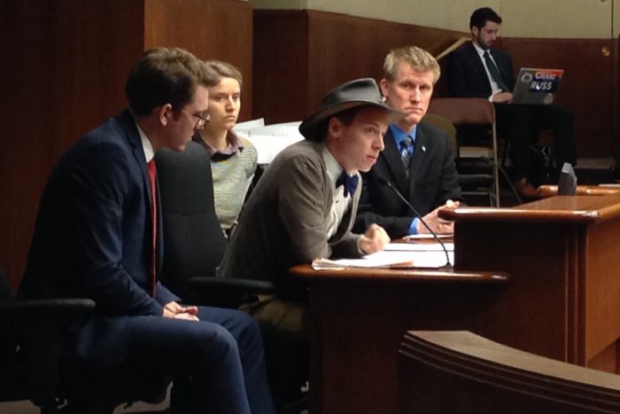 Eric Sannerud (center), a farmer at Mighty Axe Hops and former president of the Central Minnesota chapter of the National Young Farmers Coalition (NYFC), addressing legislators in his state regarding 2017's Beginning Farmer Tax Credit bill. (Credit: Central Minnesota NYFC chapter)