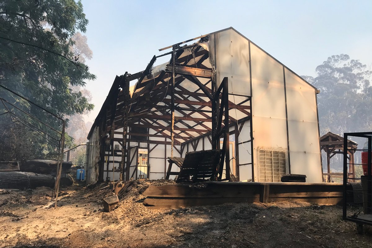 A barn at Pie Ranch in Pescadero has burned down during the 2020 California wildfires. (Photo credit: Nancy Vail)