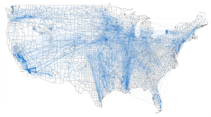 The US food distribution system is immensely complex and is increasingly vulnerable to distribution because of the pandemic and the climate crisis. Dairy farmer Dave Messmer: “One of the big things that COVID highlighted, is that we have this massive centralized food distribution network. It's very efficient. But when there's a breakdown, it causes massive reverberations. And it's very fragile.” Map credit: Xiaowen Lin et al.