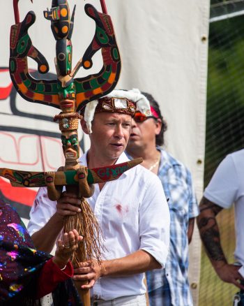 Chief Earnest Alfred, K̓wak̓waba̱'las, elected council member of the 'Na̱mg̱is First Nation traditional leader of the Ławit̓sis First Nation, at the naming ceremony for his grand daughter in Alert Bay. 