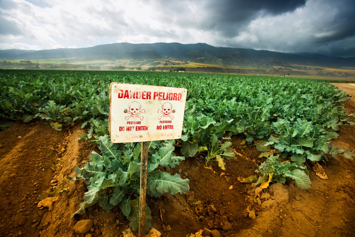 Poison pest control chemicals sprayed on a field in the Salinas Valley, California.