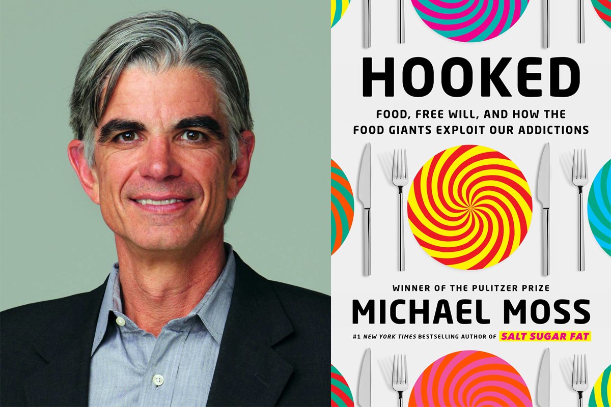 michael moss author photo and the cover of hooked