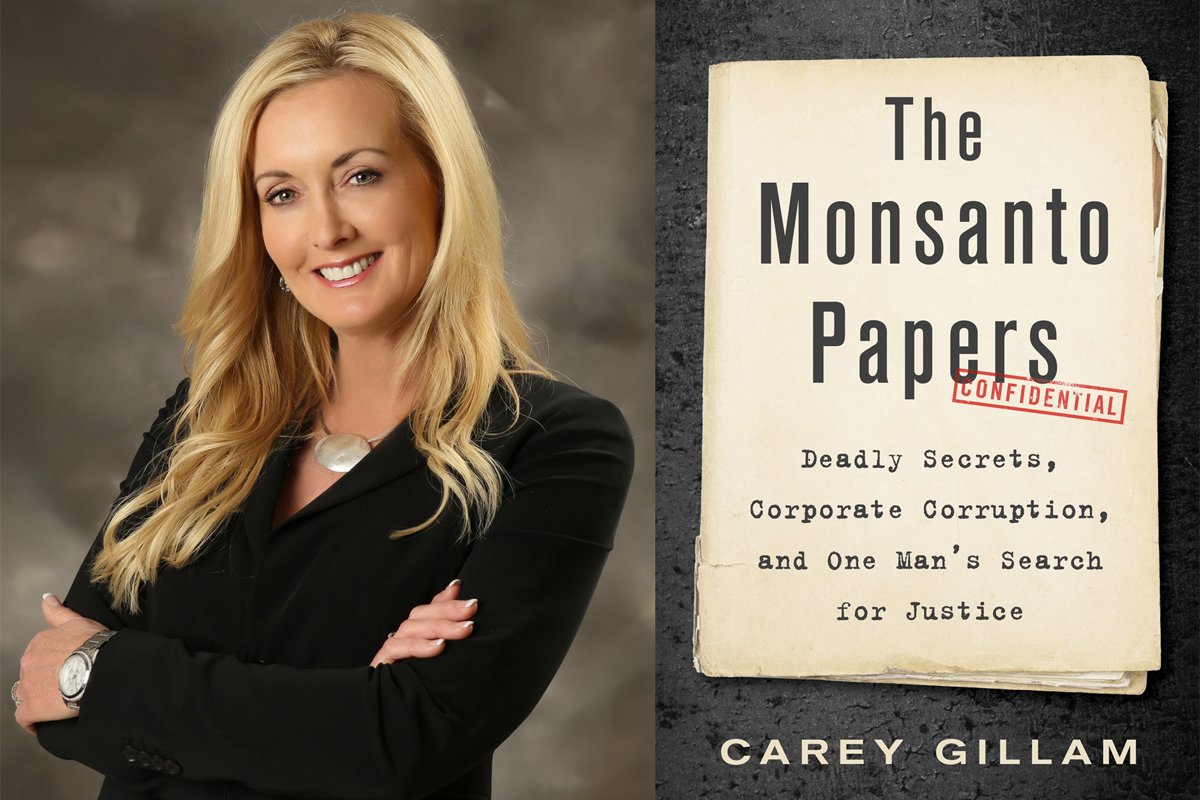 A collage of Carey Gillam headshot and the cover of her book the Monsanto Papers