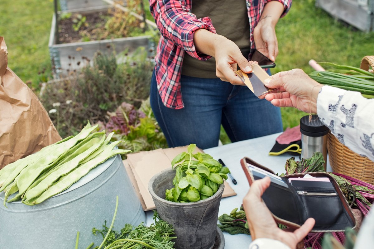 a farmer sells local food direct to consumers after making the sale through a smartphone app