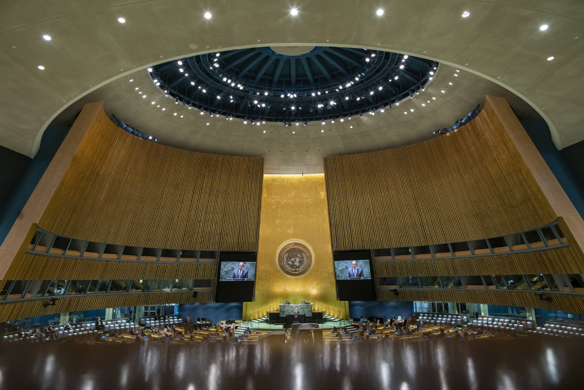 NEW YORK, NEW YORK - SEPTEMBER 25: Foreign Minister of Russia Sergey Lavrov addresses the 76th Session of the U.N. General Assembly at U.N. headquarters on September 25, 2021 in New York City. More than 100 heads of state or government are attending the session in person, although the size of delegations are smaller due to the Covid-19 pandemic. (Photo by Eduardo Munoz - Pool/Getty Images)