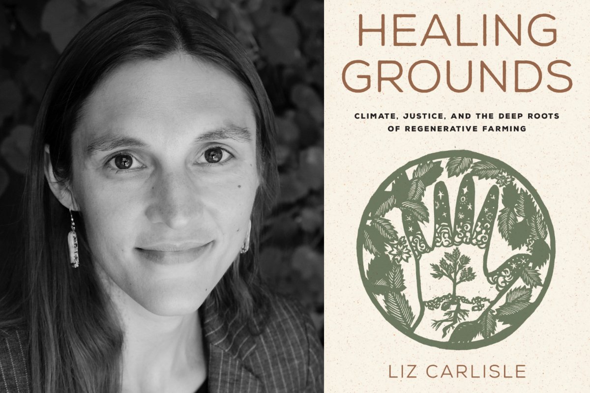 liz carlisle and the cover of her book, healing grounds