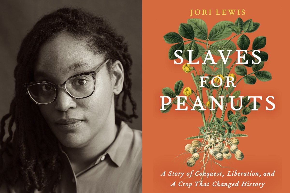 jori lewis and the cover of her book, slaves for peanuts