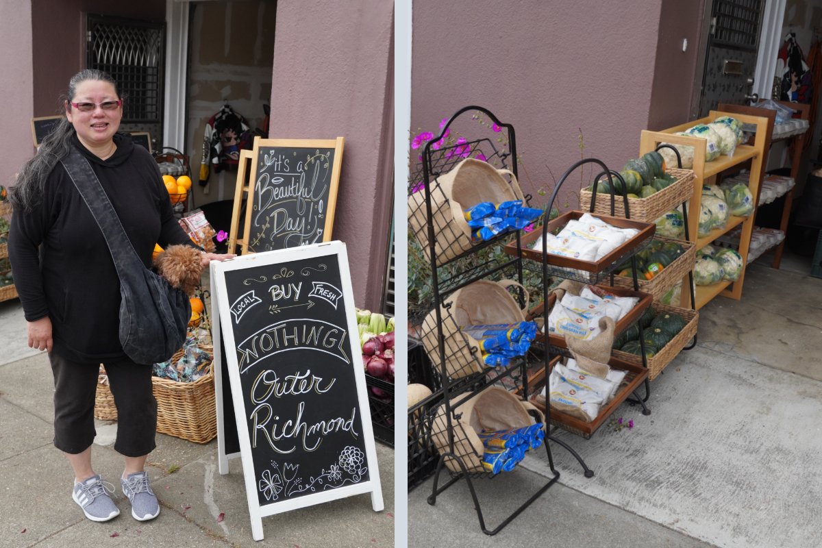 Cilla Lee and some of the food donations to the Outer Richmond Buy Nothing Group. (Photo by Naomi Fiss)