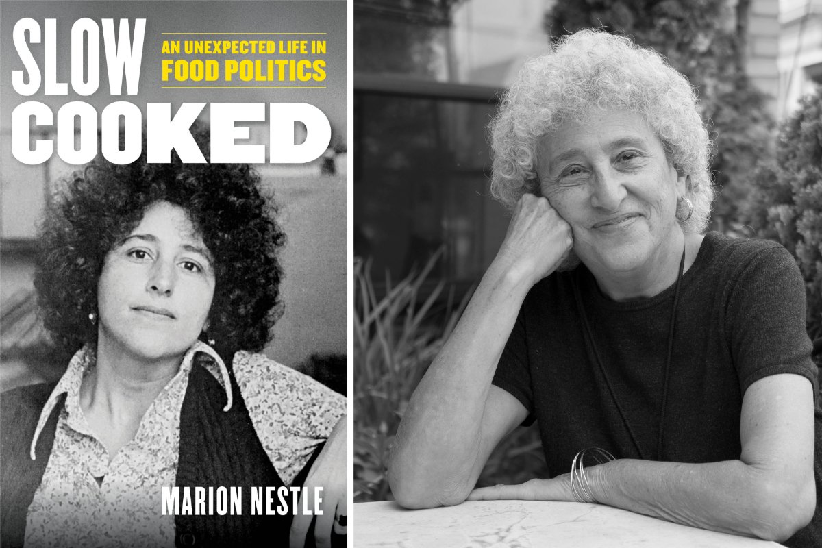 A collage of Marion Nestle present-day and the cover of her new memoir, slow cooked