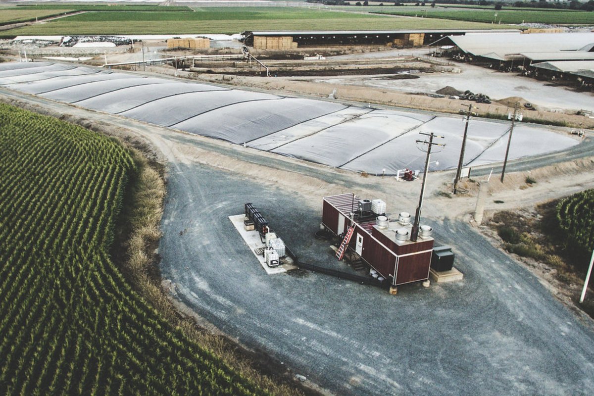 An overhead view of an anaerobic digester pond next to animal barns and a cornfield. (Photo credit: Maas Energy)