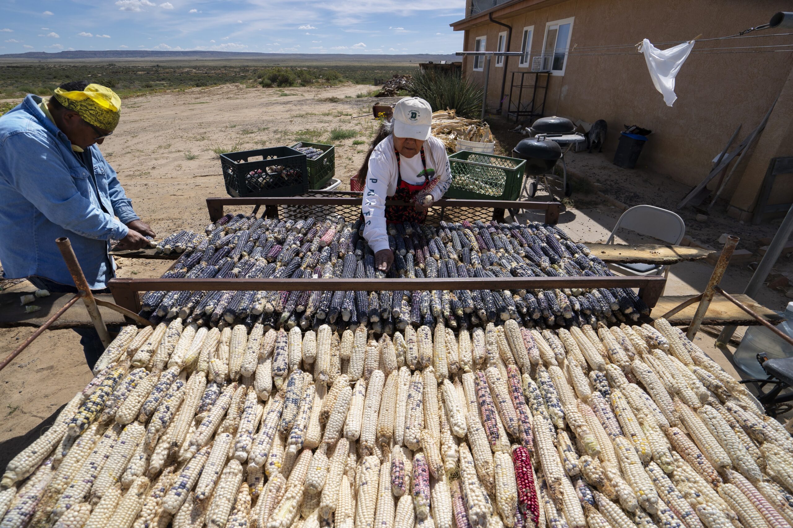 Ann Tenakhongva, 62, and her husband, Clark Tenakhongva, 65, sort traditional Hopi Corn at their home on First Mesa on the Hopi Reservation in Arizona on September 28, 2022. The corn comes from the families’ field in the valley between First Mesa and Second Mesa, which Clark had just harvested. The corn is organized on racks to dry out and then stored in cans and bins for years to come. Much of the corn is ground up for food and ceremonial purposes. Corn is an integral part of Hopi culture and spirituality. (Photo by David Wallace)