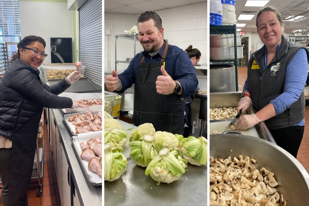 A trio of school chefs working in the kitchen as part of the Healthy School Food Pathways program. (Photos courtesy of the Chef Ann Foundation)