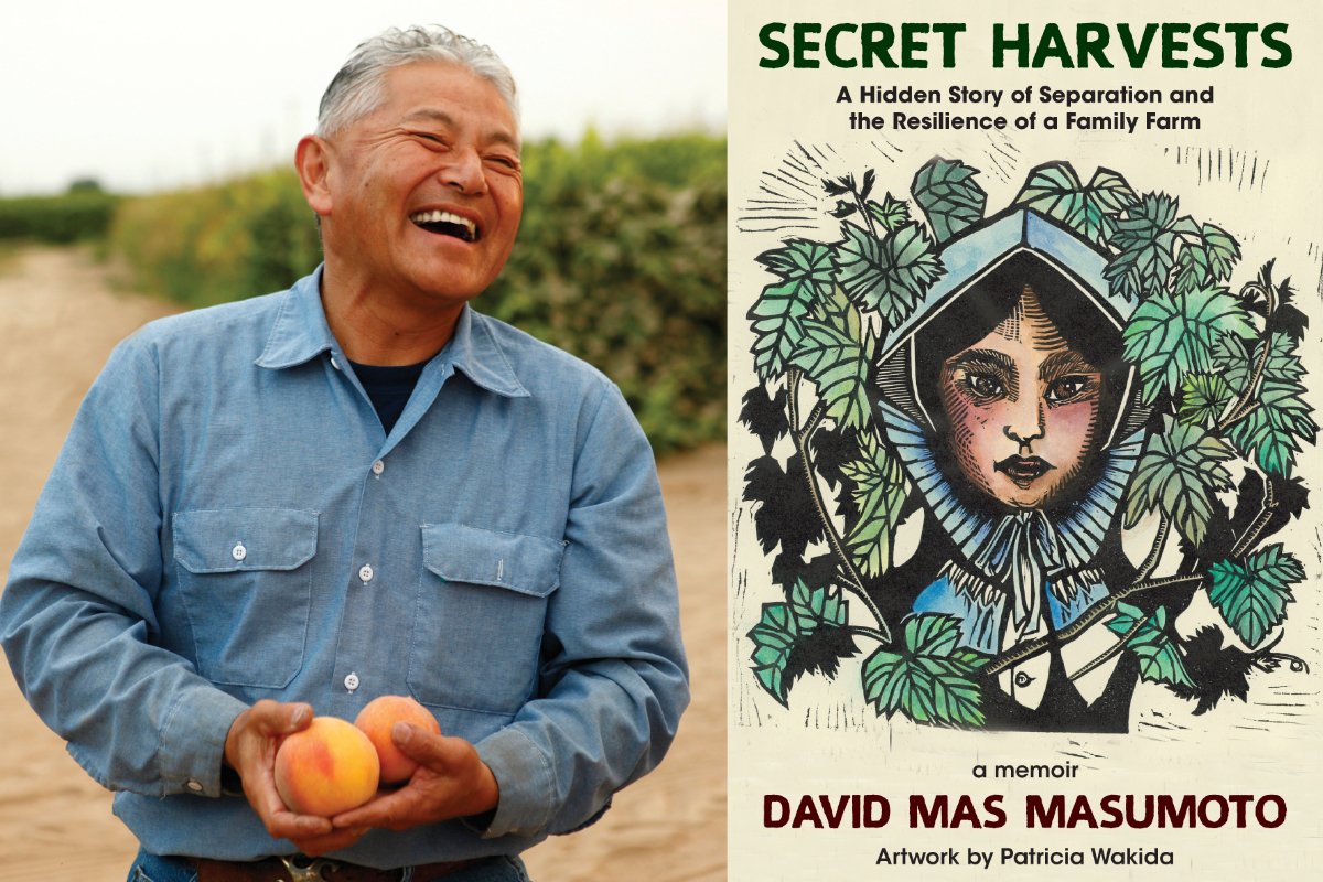 Mas Masumoto and the cover of his new book, Secret Harvests