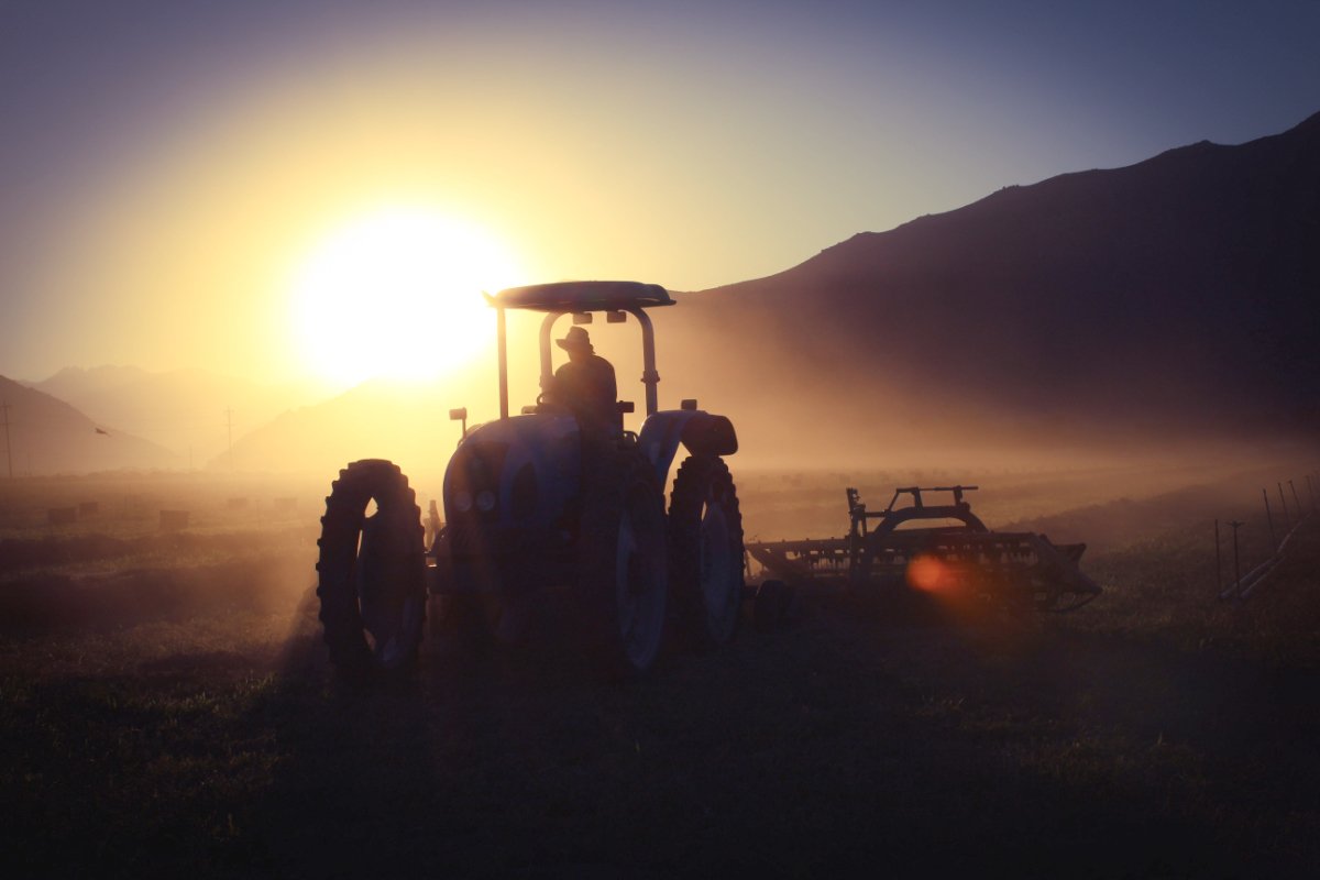 A farmer plowing a field in the sunset.