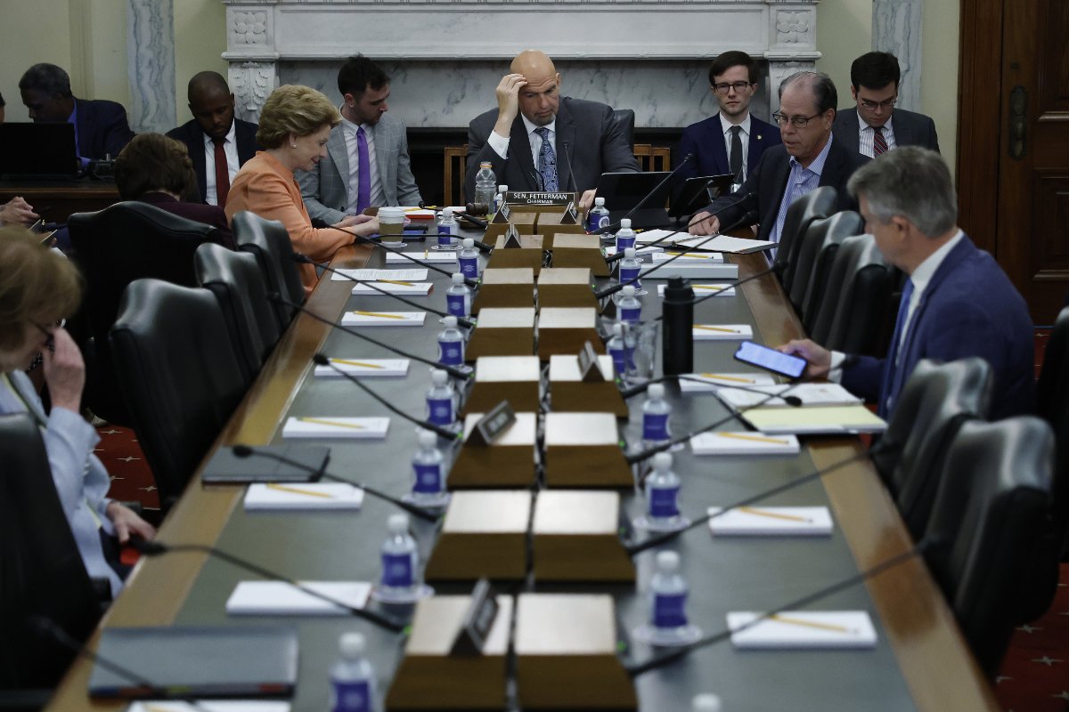 WASHINGTON, DC - APRIL 19: Sen. John Fetterman (D-PA) (C) chairs a Senate Agriculture, Nutrition and Forestry subcommittee hearing to examine the Supplemental Nutrition Assistance Program (SNAP) and other nutrition assistance programs in the Farm Bill in the Russell Senate Office Building on Capitol Hill on April 19, 2023 in Washington, DC. Fetterman returned to the Senate this week after checking himself into Walter Reed Military Medical Center in February for inpatient treatment of clinical depression, a result of a severe stroke he suffered during his senate campaign last year. (Photo by Chip Somodevilla/Getty Images)