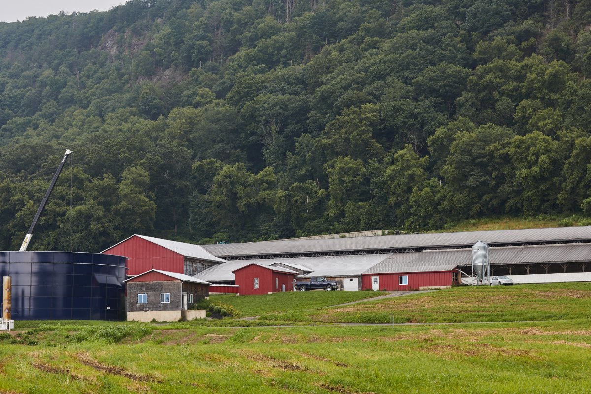 A view of Longview farm. The tank in the foreground stores the fertilizer produced by the co-digester. (Photo credit: Meg Wilcox)