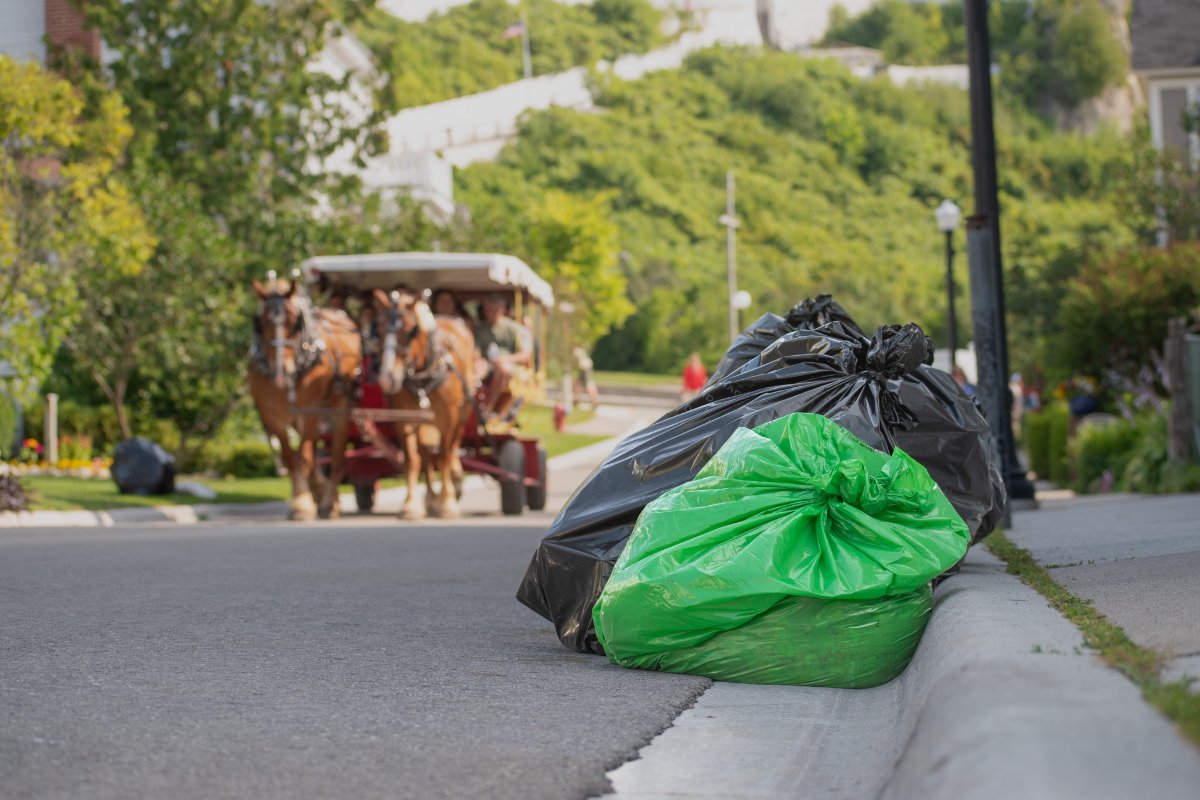 Mackinac DPW sells green compost bags at a cheaper rate than the black bags for trash. (Photo credit: Paige Hodder)