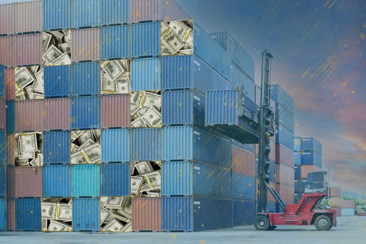 walanthropy shipping containers and money representing the walton family and walmart using their resources to shift global shipping to their business benefit