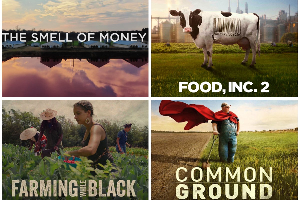 a collage of food and farming documentary posters including the smell of money, food inc 2, farming while black and common ground