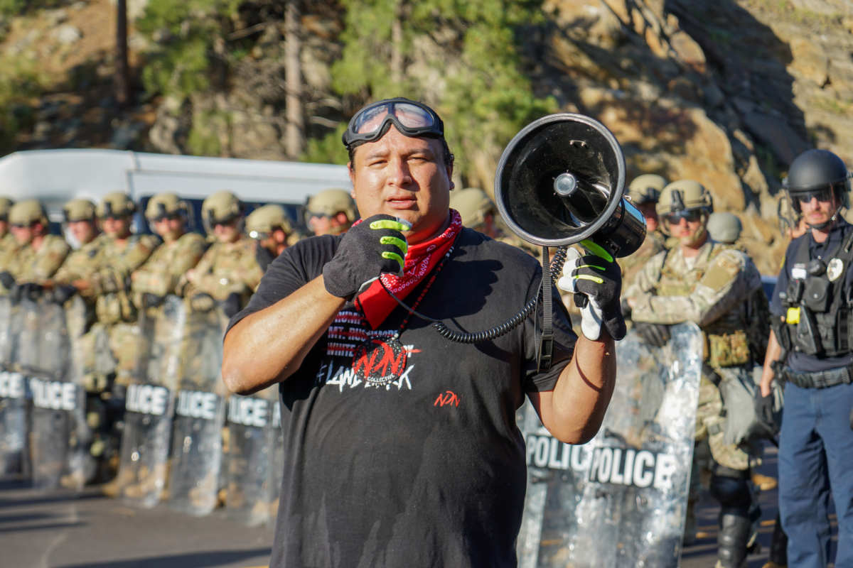 Nick Tilsen during the Mount Rushmore Land Back Protest. (Photo credit: Willi White)