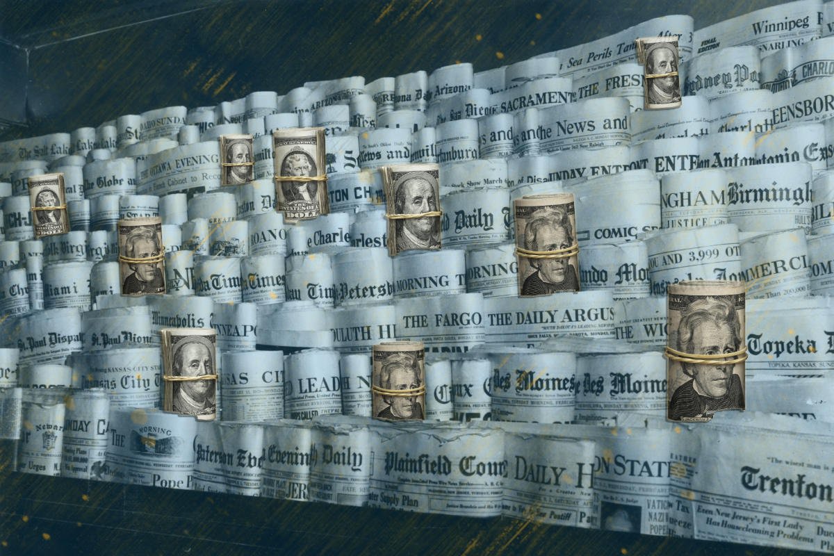 old newspapers paired with rolls of dollar bills to convey the idea of money being invested in journalism