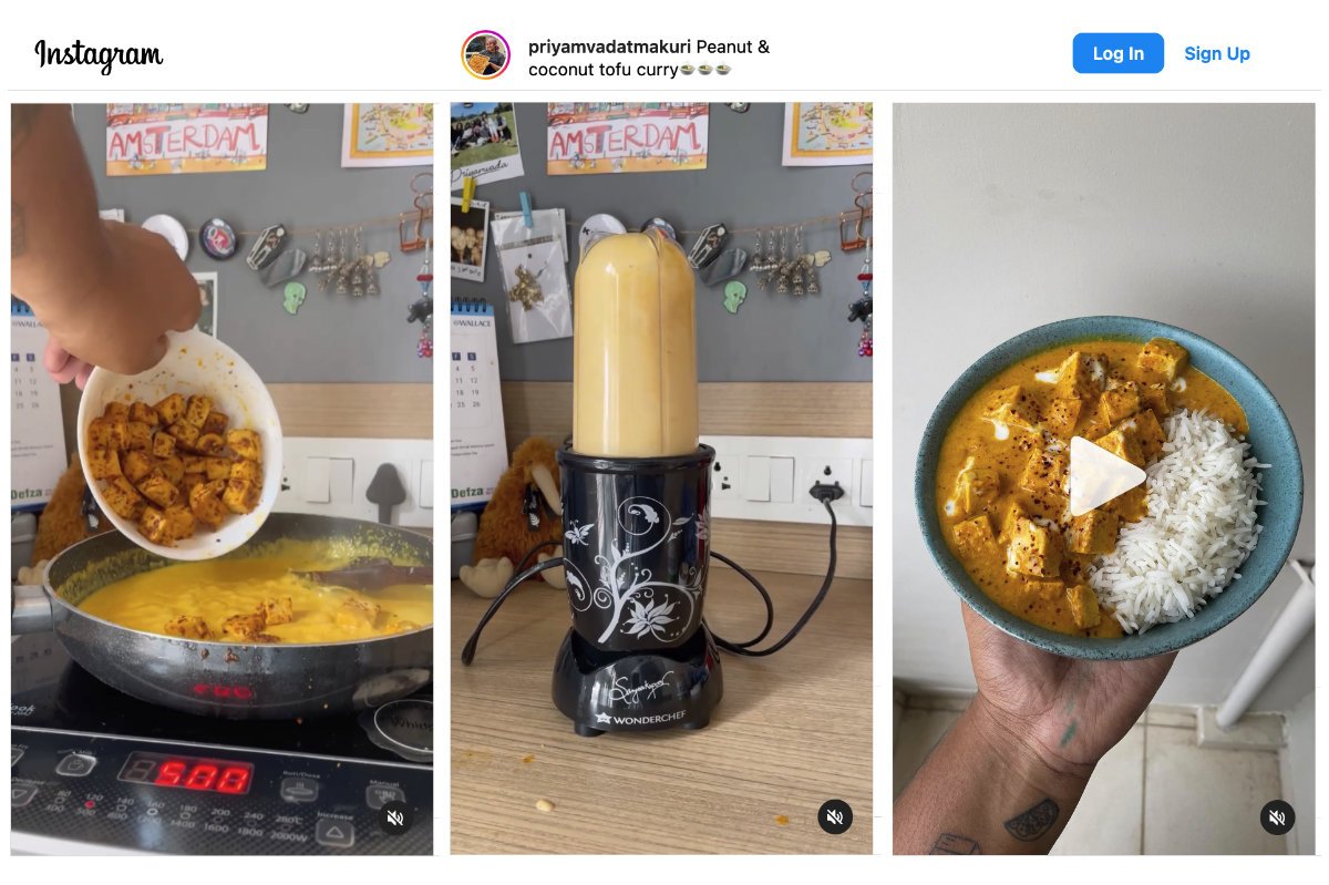 screenshots of an instagram reel of a dorm-room cooking event of coconut tofu curry