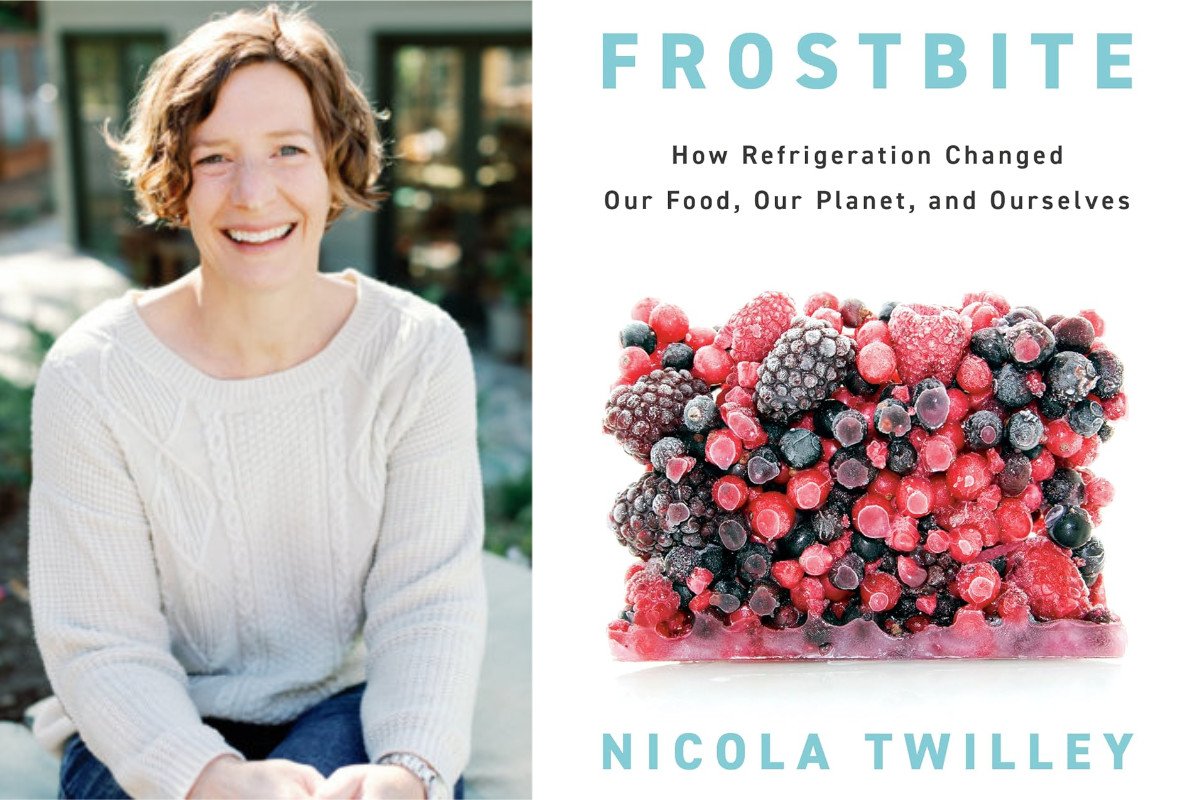 Nicola Twilley and the cover her new book, Frostbite. (Author photo credit: Rebecca Fishman)