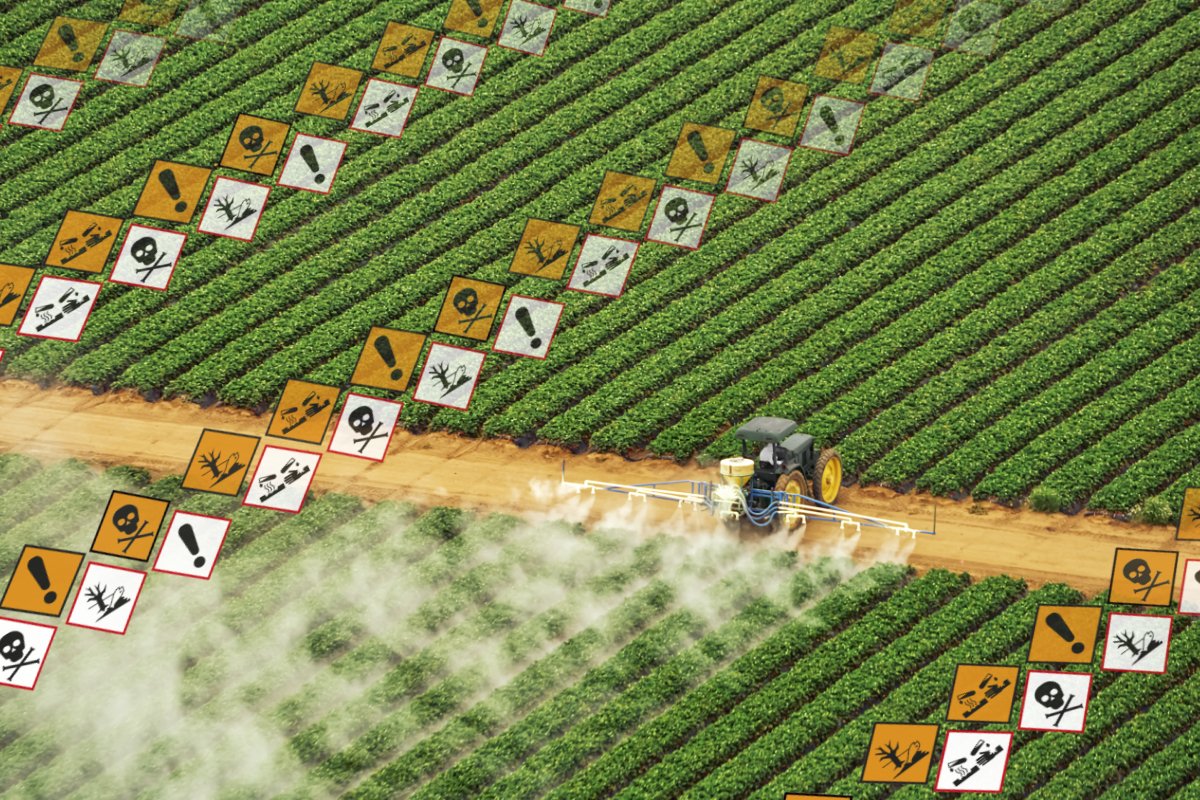 a tractor sprays pesticides on a field while hazard symbols fade into the distance. (Civil Eats illustration)