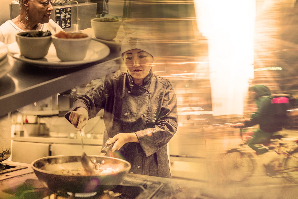 a collage of a woman cooking over a hot stove in a restaurant