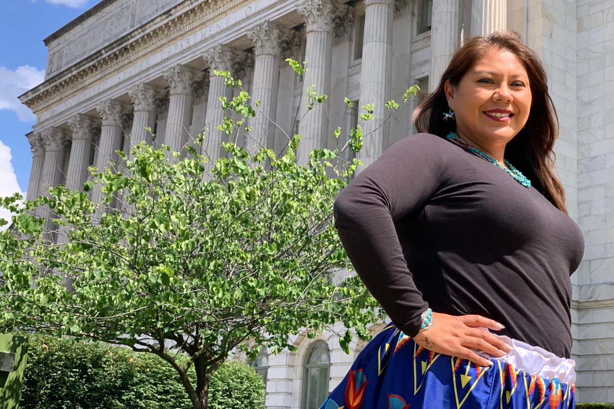 Kristy Kinlicheenie standing outside the U.S. Department of Agriculture's headquarters in Washington, D.C. (Photo credit: Gabriel Pietrorazio)