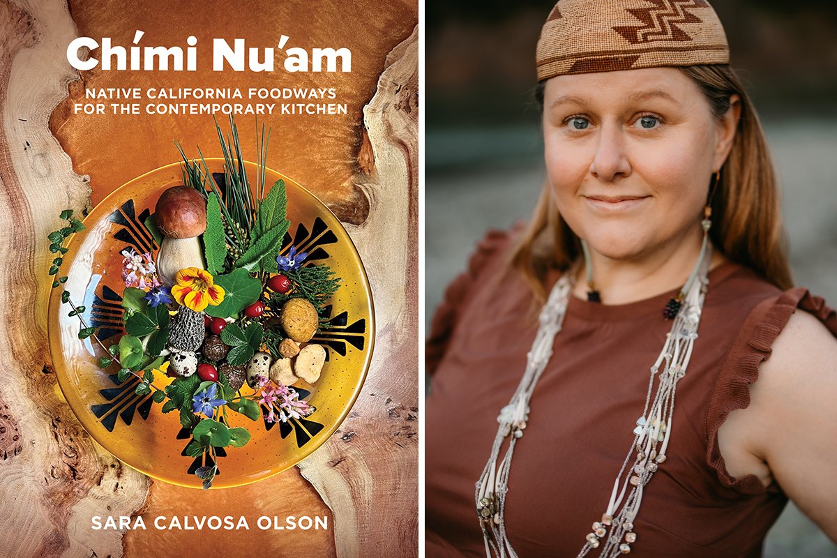 author Sara Calvosa Olson and the cover of her book about indigenous foods and foodways, Chimi Nu'am. (Photo courtesy of Sara Calvosa Olson)