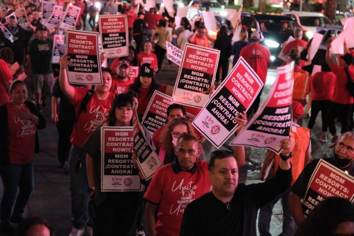 Culinary workers, bartenders, and hotel attendants in Las Vegas picketing earlier this month outside eight casino resorts. (Photo courtesy of Culinary Workers Union Local 226)