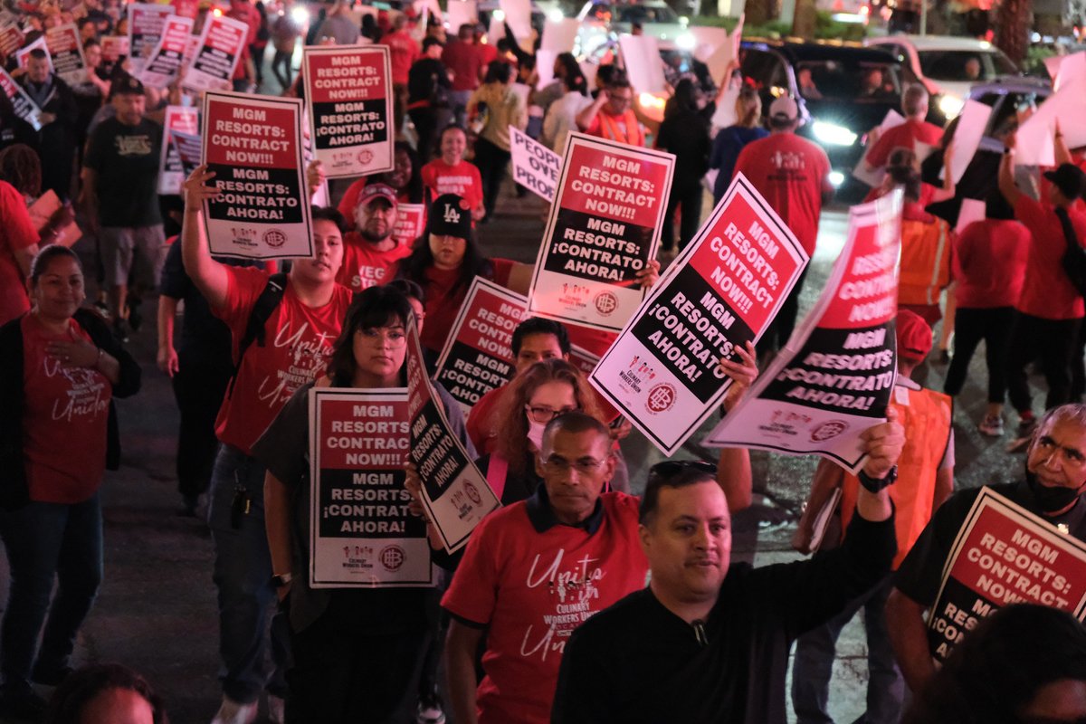 Culinary workers, bartenders, and hotel attendants in Las Vegas picketing earlier this month outside eight casino resorts. (Photo courtesy of Culinary Workers Union Local 226)