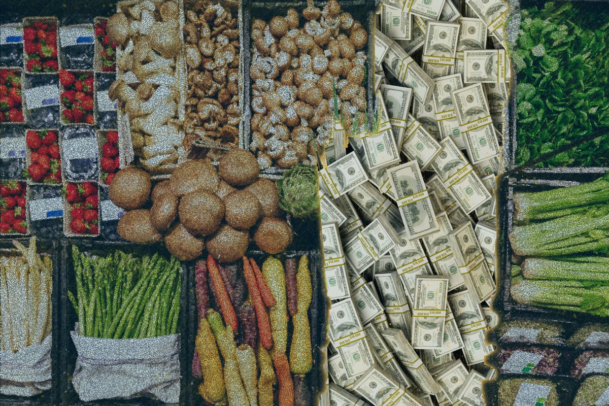 a gritty image of a produce section with dollar bills mixed in, showing the intertwined financial and food focuses of Walmart and the Walton Family